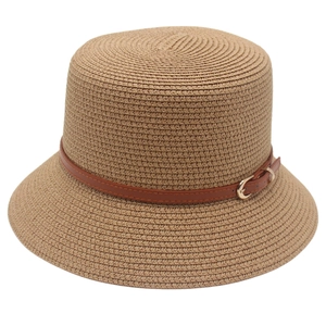 Women Straw Woven Bucket Hat Wide Brim Sun Protection Summer Vacation French Style Flat Top With Leather Belt Buckle