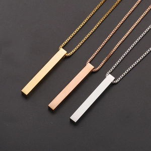 Three minimalist stainless steel 3D square bar pendants in gold, rose gold and silver