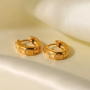 18k gold plated stainless steel chunky hoop earrings with star and evil eye engraving