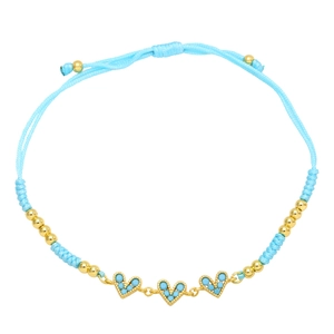 Bohemian woven heart bracelet with blue beads and adjustable handmade string cord