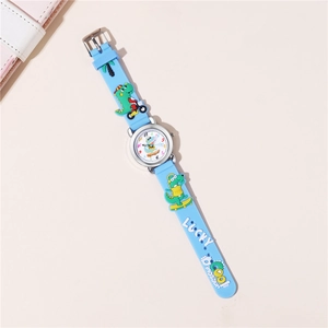 Detail of blue silicone strap with cute dinosaur patterns and white lucky cool text