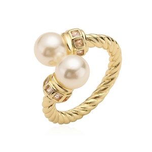 Elegant 18K gold plated rope ring with double white pearls and yellow zircon accents