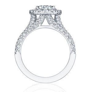 Macro side view of round cut halo diamond ring with pavé stones and milgrain details