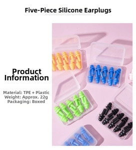 Detailed view of multi-colored triple-layer silicone earplugs set in compact plastic cases