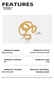 Detailed view of adjustable 18K gold plated stainless steel ring with beaded line design