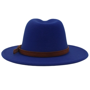Detail of wide brim royal blue wool fedora with brown leather belt and metal buckle