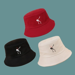 Cotton Canvas Bucket Hat Embroidered Skull Dab Heart Sun Protection Streetwear Wide Brim Trendy Fisherman Cap Unisex