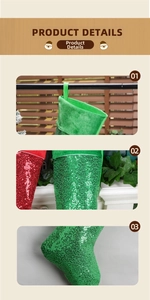 Detail view of large Christmas stockings with sequins, green plush cuffs and hanging loops