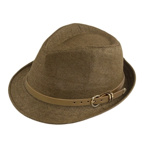 Detail of the woven texture and PU leather belt buckle on a khaki straw fedora hat