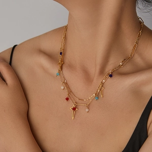 Détail du collier doré multicouche avec perles colorées et pendentifs étoiles ajourés