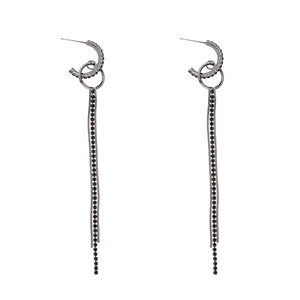 Gothic dark style silver tassel earrings with black rhinestones in geometric circle design