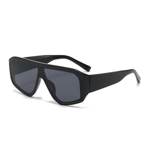 Modern oversized wrap-around sunglasses with black frames and dark grey lenses