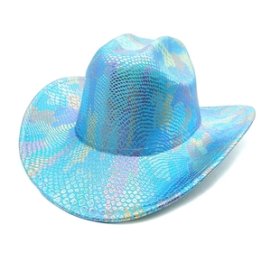 Close-up of holographic blue cowboy hat featuring metallic snakeskin texture and wide brim