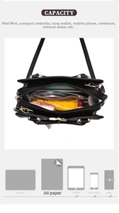 Detail of multi-compartment leather handbag showing large capacity for A4 documents
