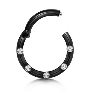 Black 316L stainless steel hinged segment ring with five sparkling round clear gemstones
