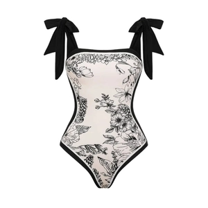 Costume intero vintage con stampa floreale e fiocchi neri sulle spalline eleganti