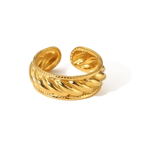 Detailed view of 18K gold-plated stainless steel ring with twisted rope texture design