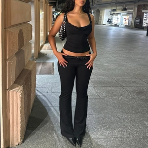Top Con Spalline Scollo A Cappuccio E Pizzo E Pantaloni A Zampa Vita Alta Donna Sexy Slim Fit Poliestere Elastan