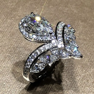 Elegant pear-cut crown ring with marquise cubic zirconia in white gold plated finish