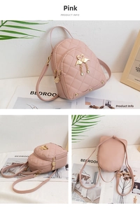 Detailed views of pink quilted mini backpack with golden flamingo buckle and charms