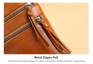 Detail of durable hardware zipper and lychee pattern PU leather on brown shoulder bag