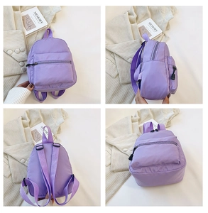 Multi-angle view of a purple mini nylon backpack showing front, side and back details