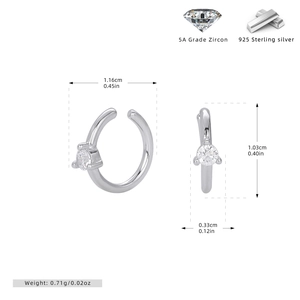 Detailed view of S925 sterling silver C-shaped ear cuff with zircon and dimensions