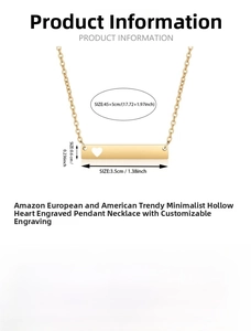 Detailed view of gold bar necklace with heart cutout and 45cm plus 5cm chain specifications