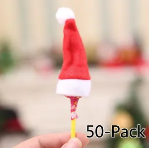 Pack of 50 mini red and white plush Christmas lollipop hats for festive holiday decorations