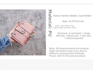 Detail view of pink PU leather wallet showing interior card slots and dimensions 13.5x3x9.5cm