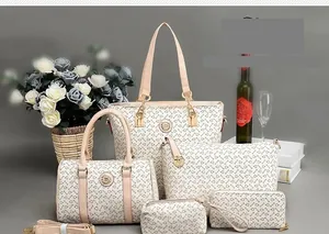 Detailed 5-piece beige handbag set featuring tote, crossbody, and clutch with gold accents