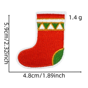 Close-up of embroidered Christmas stocking patch with precise dimensions and weight info