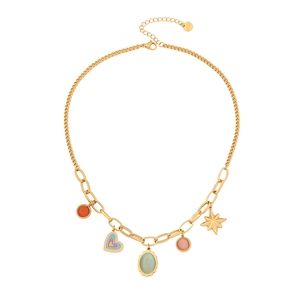 Gold chain necklace with opal heart, star, and colorful gemstone pendants on white background
