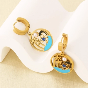 Golden stainless steel hoop earrings with blue enamel tropical palm tree scene and pearl