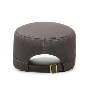 Rear view of dark grey flat top cadet cap with adjustable metal strap and canvas texture