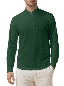 Detailed view of deep green men's linen henley shirt with stand collar and long sleeves