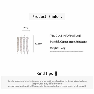 Detailed size chart for long tassel earrings with dimensions 2cm x 13.5cm and 15.8g weight