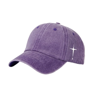 Deep purple washed denim baseball cap with white cross embroidery for sun protection