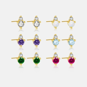 Birthstone Stud Earrings For Women 925 Sterling Silver Earring Post Colorful Round Cubic Zirconia Minimalist Jewelry