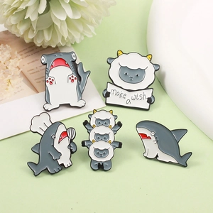 5pcs cartoon enamel pin set featuring cute sharks and lambs on light green surface
