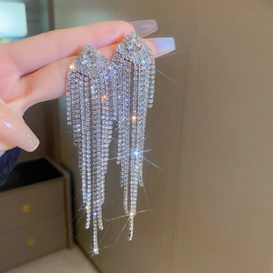 Sparkling silver long tassel earrings with luxury zircon fringe and geometric diamond shape