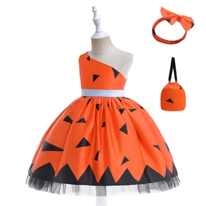 Three-piece Halloween set including orange pumpkin dress, headband and drawstring bag