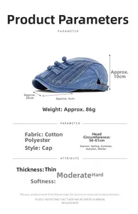 Detailed dimensions of blue washed denim beret with traditional knot and sizing chart