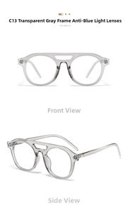 Detail view of transparent grey double-bridge round frames with anti-blue light lenses