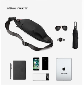 Internal capacity display of the black waterproof nylon cross-body waist bag showing daily items