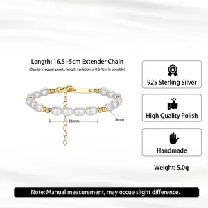 Adjustable S925 sterling silver bracelet with natural freshwater pearls and golden beads