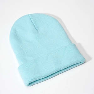 Close-up of light blue knit beanie showing fine rib texture and cuffed design details