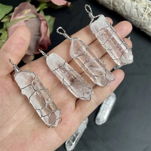 Natural white crystal hexagonal prism pendant with silver wire wrap craftsmanship