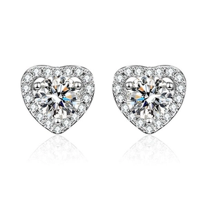 Classic silver S925 heart-shaped moissanite stud earrings with brilliant zircon halo