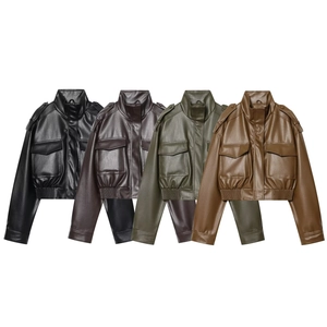 Women PU Faux Leather Short Jacket Moto Biker Bomber Coat Stand Collar Epaulettes Large Pockets Elastic Hem Streetwear